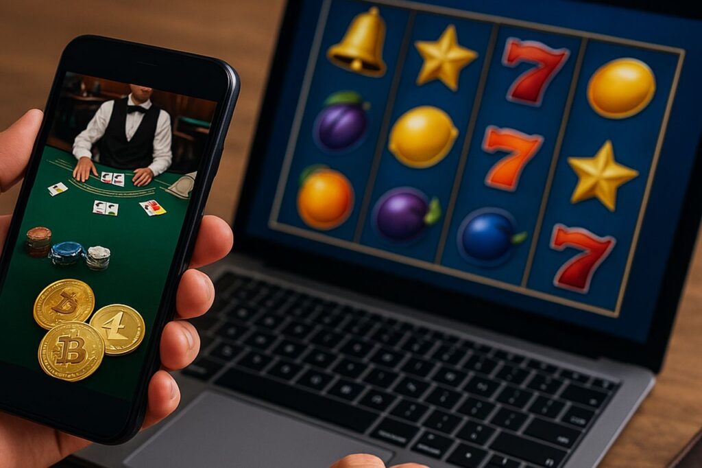 Un laptop con una slot machine sullo schermo e uno smartphone con un gioco con live dealer